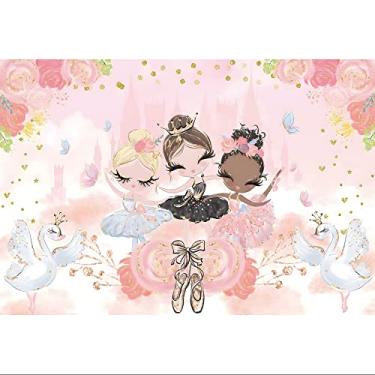 Imagem de Leyiyi Pano de fundo fofo de bailarina de 1,8 x 1,2 m para decoração de chá de bebê, bannner, aquarela, floral, sapatilhas de balé, com glitter, cisne, fundo dourado, pontos, borboleta, foto, pano de