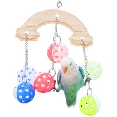 Imagem de Brinquedo de balanço de pássaro de madeira com bolas de sino de plástico coloridas para papagaios pequenos/médios, brinquedo interativo de escalada para papagaios, periquitos, calopsitas - Incentiva a