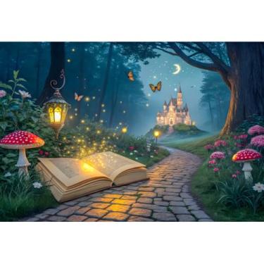 Imagem de Laeacco Pano de fundo de conto de fadas da floresta encantada de 3,7 x 3 m, livros de contos de fadas, Once Upon A Time, cogumelo mágico, fotografia, castelo de princesa, meninas, aniversário, chá de