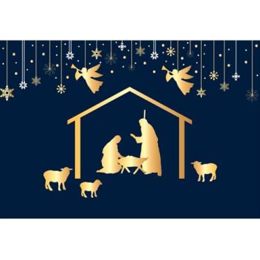 Imagem de Laeacco Cenário de presépio de Natal dourado com silhueta cristã de 2,7 x 1,8 m para o nascimento de Jesus, igreja, evento religioso, faixa de festa, decoração de mesa, adereços de cabine de fotos