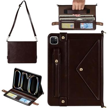 Imagem de Capa de mão para iPad Pro 11 polegadas M4 2024 5ª geração, Techcircle Folio Stand PU couro alça de mão capa transversal com porta-lápis slots para cartões, capa carteira marrom escuro