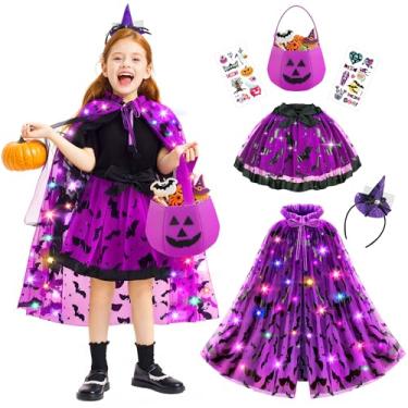 Imagem de Jeowoqao Halloween Light up Cape witch Tutu Skirt Set with Trick or Treat Bag Stickers for 3+ Years Gils Kids Dress up Tollder Halloween Dress up