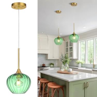 Imagem de QianZhan Luminária pendente de vidro verde, luminária pendente dourada moderna de 17 cm, luminárias de teto vintage, mini lâmpada suspensa para cozinha, ilha, sala de jantar, restaurante, pia de