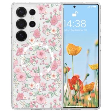 Imagem de RALEAVO Capa para Samsung Galaxy S24 Ultra compatível com MagSafe Clear Floral Pattern Design Cute Cover for Girls Women Slim Magnetic Hard Back à prova de choque para S24 Ultra, flores rosa