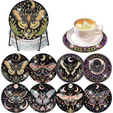 Imagem de Kit de porta-copos de arte de diamante para adultos, 8 peças de porta-copos de pintura de diamante de borboleta monarca com suporte, suprimentos de arte antiderrapantes DIY 10 x 10 cm