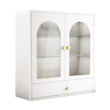 Imagem de RZGZKLSH Armário de metal branco montado na parede com porta de vidro dupla, armário de exibição de aço com suporte de vidro, para casa de banho, armário de exibição (com gavetas, branco leitoso)