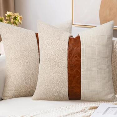 Imagem de Capa de almofada fofa 45,7 x 45,7 cm, conjunto de 2 capas de almofada de couro xadrez xadrez de linho decorativas modernas boho para cama, sofá, sala de estar, quarto, cinza neutro e bege