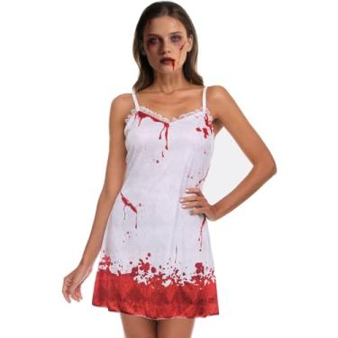 Imagem de Fantasia assustadora de fantasma de noiva de Halloween para mulheres, vestido branco ensanguentado, coroa de rainha, faixa de cabeça, buquê de flores, conjunto de faixa de formatura, princesa