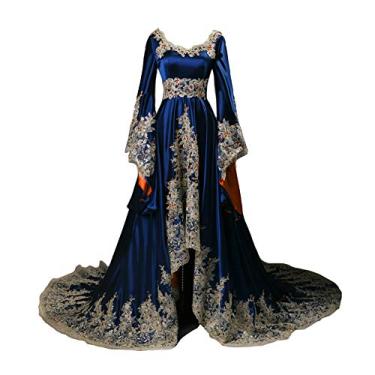 Imagem de Lemai Vestidos de noite formais vintage de manga comprida, vestidos góticos femininos, Azul royal e laranja, 10