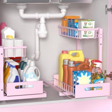 Imagem de Pacote com 2 organizadores Pro embaixo da pia: Organizador de cesta de arame removível de 2 camadas de metal premium, altura ajustável em forma de L, fácil instalação | Organizadores de armários de