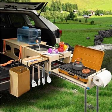 Imagem de JAGAHAHA Sistema deslizante Overland Kitchen, caixa de cozinha de acampamento multifuncional com pia, recursos de cortar e cozinhar, mesa de acampamento dobrável para SUV, aterrissagem e acampamento
