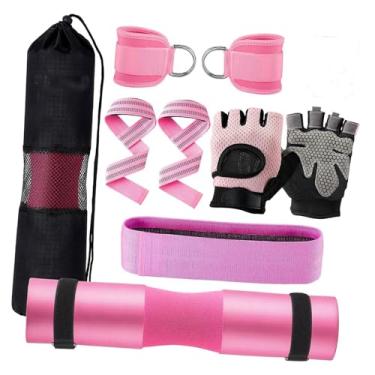 Imagem de menolana Conjunto de almofadas para agachamento com barra, faixa de resistência, bolsa de transporte, proteção para pescoço e ombro com tiras de tornozelo para, Rosa