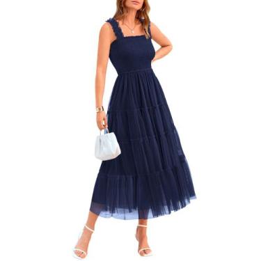 Imagem de Vestido feminino BTFBM 2025, sem mangas, gola quadrada, azul marinho