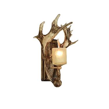 Imagem de Luminária de parede com abajur de chifre de veado com cúpula de vidro fosco, luminária de parede de chifre falso, estilo rústico vintage, luzes de parede de resina para sala de jantar, sala