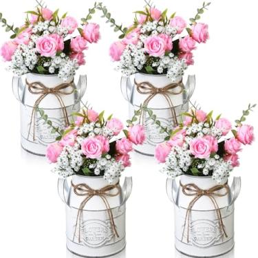 Imagem de LemonRoad 4 conjuntos de vasos de flores vintage para mesa de centro de mesa, rosa artificial, respiração de bebê, folhas de eucalipto, vaso de metal rústico com alça para decoração de chá de panela