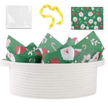 Imagem de OIAHOMY Cesta de presente de Natal com alça, cesta de tecido pequena com saco de presente, fita e papel de embrulho, caixas de berçário vazias para encher com itens pequenos, organizador de brinquedos