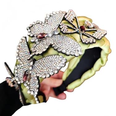 Imagem de XSKL Fitas de cabelo enfeitadas com borboleta de strass, faixas de cabelo trançadas largas para mulheres, acessórios de cabelo modernos perfeitos para casamentos, galas e eventos formais (verde claro