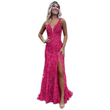 Imagem de Vestido de formatura CDSSL fúcsia, lantejoulas, sereia, decote em V, c