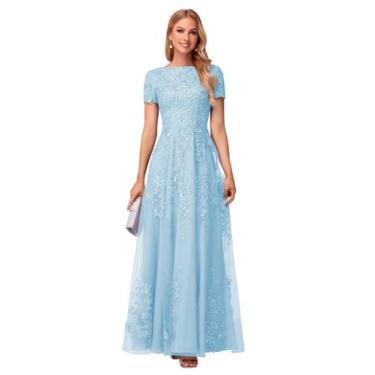 Imagem de Vestido Mother of the Bride YOFF Lace Applique longo azul claro