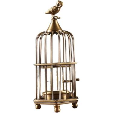 Imagem de Castiçal em forma de gaiola de pássaro arte criativa castiçal de cobre puro retro suporte de vela decoração para mesa central de mesa
