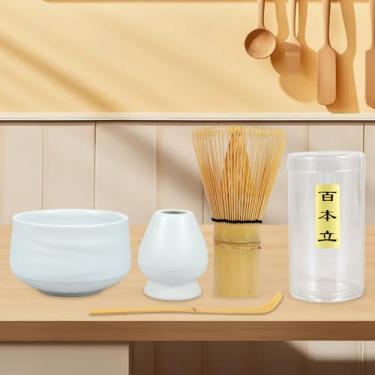 Imagem de JW Conjunto de chá Matcha japonês com 4 peças, kit de preparação para iniciantes com batedor Matcha e batedor de chá de bambu seguro para colher e conjunto de tigela de cerâmica para chá Matcha