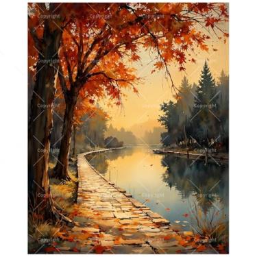 Imagem de Kit de pintura de trilha de outono dourado por números para adultos – Pintura DIY de árvores de outono e caminho de paralelepípedos em tela 40,6 x 50,8 cm, conjunto de tinta acrílica, adequado para