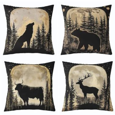 Imagem de Feelyou Conjunto de 4 capas de almofada de urso rústico com urso, decoração de caça de veado, lobo, vaca, fazenda, preto, amarelo, branco, 45,7 cm x 45,7 cm, ambientes internos e externos