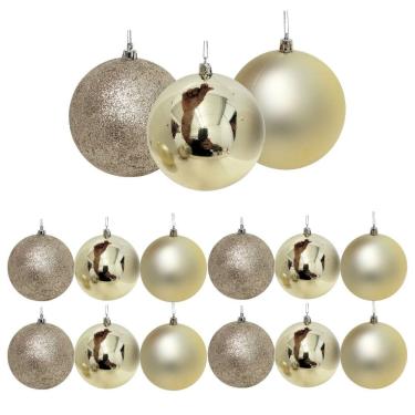 Imagem de Conjunto 12 Bolas de Natal Champanhe Prime Texturas Mistas 6cm Glitter, Brilho e Fosca
