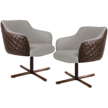 Imagem de Kit 02 Poltronas Giratória Base X Jade D02 Linho Bege C-107 Tressê Corano Marrom - Lyam Decor