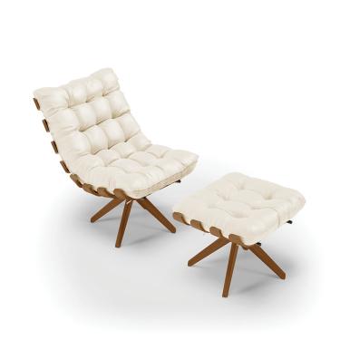 Imagem de Poltrona com Puff Giratório Costela  Sintético Bege Base de Madeira MA30 M11 - D'Rossi