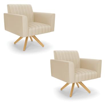 Imagem de Kit 2 Poltronas Giratória Viena Gomada Corino Bege Base de Madeira MA30 - D'Rossi