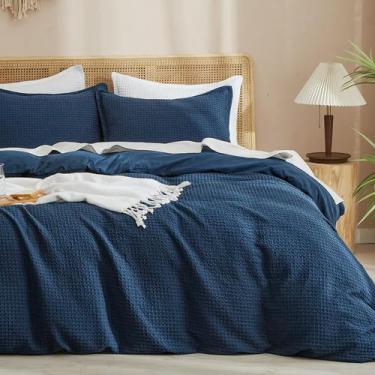 Imagem de Conjunto de capa de edredom PHF Waffle Weave King Size azul marinho, 3