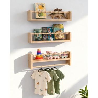 Imagem de Prateleiras flutuantes de berçário para parede, conjunto de 3 prateleiras flutuantes de madeira, prateleiras organizadoras de parede com barra de toalha, móveis de decoração de parede de berçário para