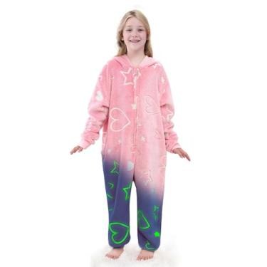 Imagem de Cloele Pijama de macacão de coração que brilha no escuro para meninas - fantasia infantil de lã, flanela felpuda, Halloween, Natal, cosplay, fantasia, roupa de casa/roupa de dormir (coração, G)
