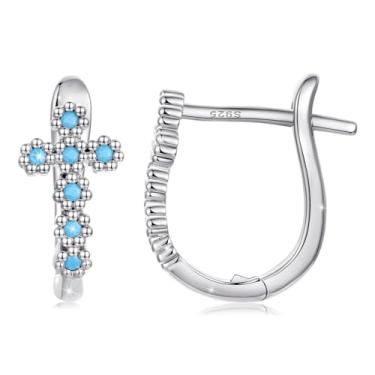 Imagem de WOSTU Brincos de argola com cruz turquesa banhados a prata, hipoalergênicos, prata esterlina 925, inspirado na cruz pós-cristã, presente de joias para todos os dias