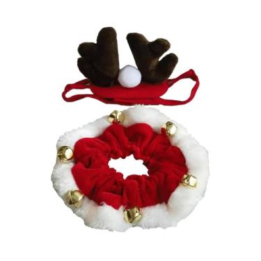 Imagem de WeiLaiKeQi Faixa de cabeça e pescoço de rena para animais de estimação, acessório de fantasia de feriado com sino, faixa de cabeça de chifre de veado para festas