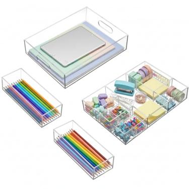 Imagem de Briwooody Pacote com 4 organizadores de gaveta de mesa, 3 tamanhos, bandejas organizadoras de gaveta de acrílico transparente e divisórias de armazenamento, acessórios de escritório para caneta