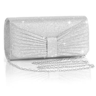 Imagem de Eidsefe Bolsa de noite clutch feminina bolsa de casamento brilhante bolsa de festa com corrente removível, Prata