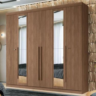 Imagem de Guarda-Roupa Casal Loanda 6 Portas 4 Gavetas Ripado Jatoba com Espelho