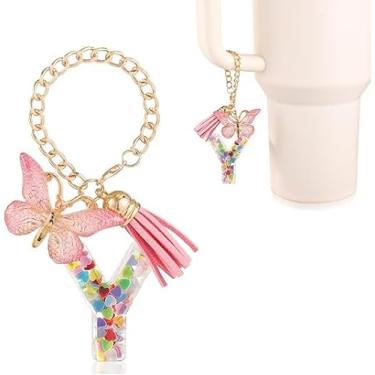 Imagem de Acessórios de copo com pingente de letra, decoração de copo de alfabeto fofo com alça de caneca, pingentes de decoração com borboleta, para Stanley Tumblers, presente feminino e feminino (Y), Medium