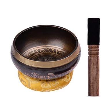 Imagem de Tomshin Conjunto de tigela de canto tibetano com tigela de som de metal feito à mão de 12,5 cm / 5 polegadas e almofada macia e batedor de madeira para meditação, chacra de som, cura, ioga, relaxam