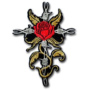 Imagem de Cruz de arame farpado com remendo bordado de ferro em rosa vermelha – Emblema gótico com aplique de cruz para jaquetas, coletes, mochilas – Emblema bordado estilo tatuagem de motociclista cristão