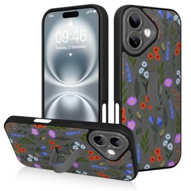 Imagem de AIGOMARA Capa para iPhone 16 com alça de dedo, design de estampa floral fofa para mulheres e meninas, capa protetora à prova de choque antiarranhões com suporte de mão, preta