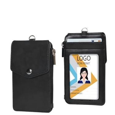 Imagem de Porta-crachá de couro PU, 1 bolso com zíper e 4 compartimentos para cartão e cordões de pescoço ajustáveis com fecho de metal giratório para escritórios, funcionários, estudantes, funcionários, preto