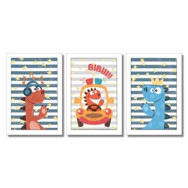 Imagem de Kit Quadros Infantil Dinossauro Kids 20x30 3 Peças Titulos Moldura Branca