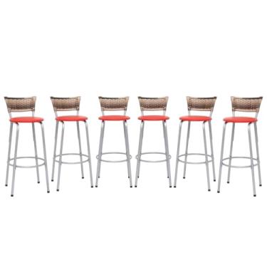 Imagem de Banqueta Altas Junco Cappuccino Estrutura Prata 70cm Para Balcão Cozinha, Bar, Bistrô, Americano Kit 05 Unidades - Itagold (Vermelho)