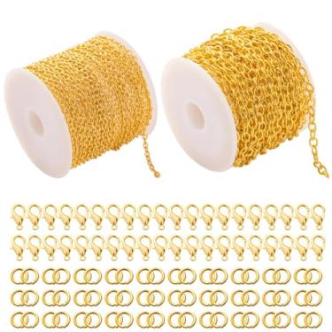 Imagem de Kit de correntes de joias banhadas a ouro com 60 fechos de lagosta, 120 anéis de salto e correntes de elos cruzados, 2 variações de tamanho para fazer colares e pulseiras DIY