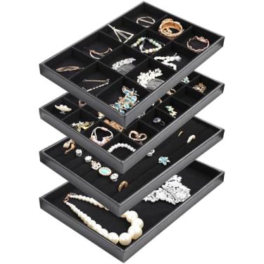 Imagem de Conjunto de bandeja de joias de 4 peças, organizador empilhável de colar e brinco, inclui 12 e 24 bandejas de compartimento, material de poliuretano de veludo, 35 x 24 cm x 3,5 cm