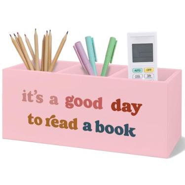 Imagem de Yhtrg Porta-lápis de madeira rosa para mesa, presente para amantes de livros, é um bom dia para ler um livro, pincel de maquiagem de madeira, organizador de escova de dentes para leitura de canto e