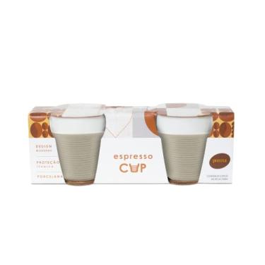 Imagem de Espresso Cup - Kit com 2 Copos de Porcelana com luva de silicone cinza para proteção térmica, capacidade para 50 ml, 6,5 cm de altura